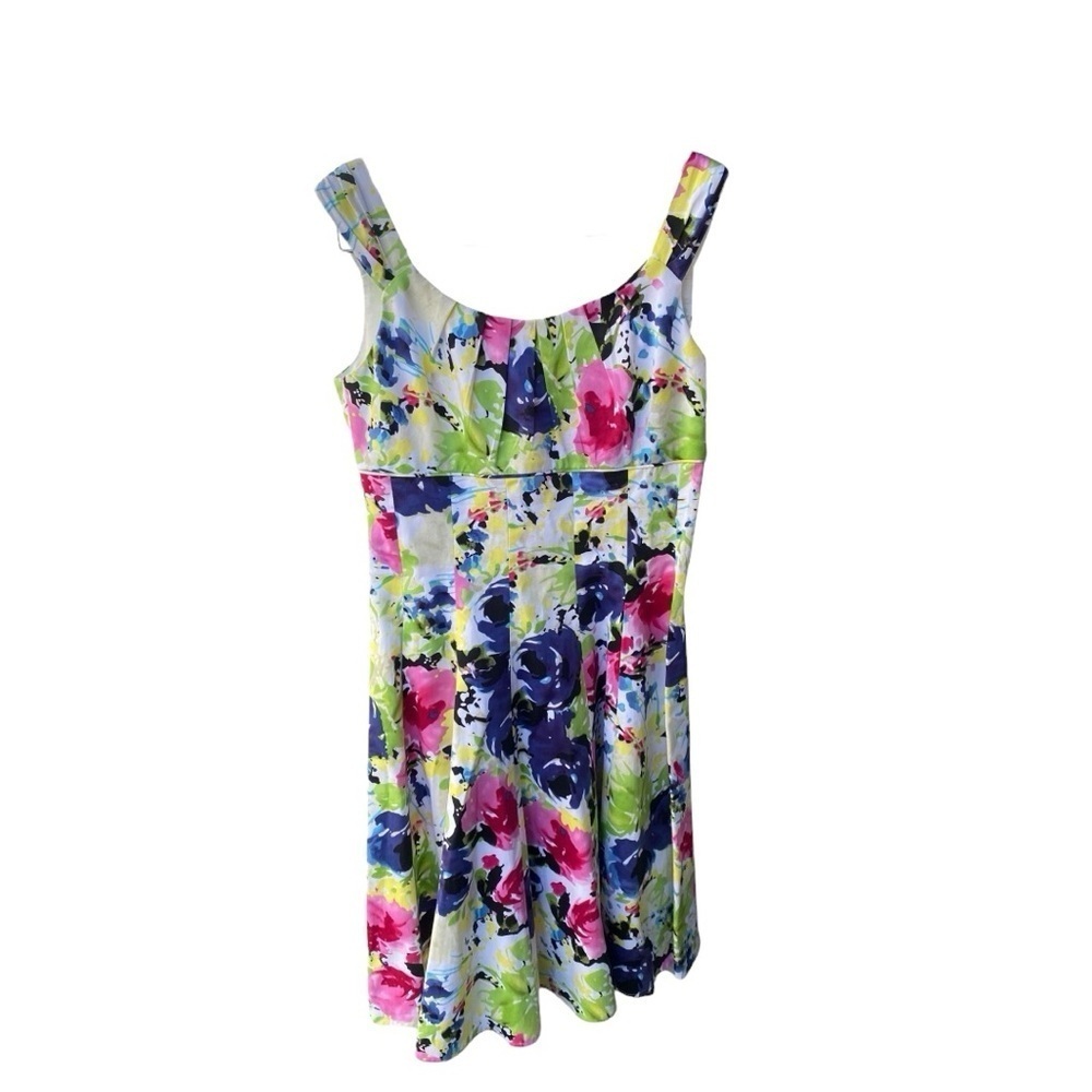 Maggy London Watercolor Floral Pleated Fit Flare Dress I Size: 6